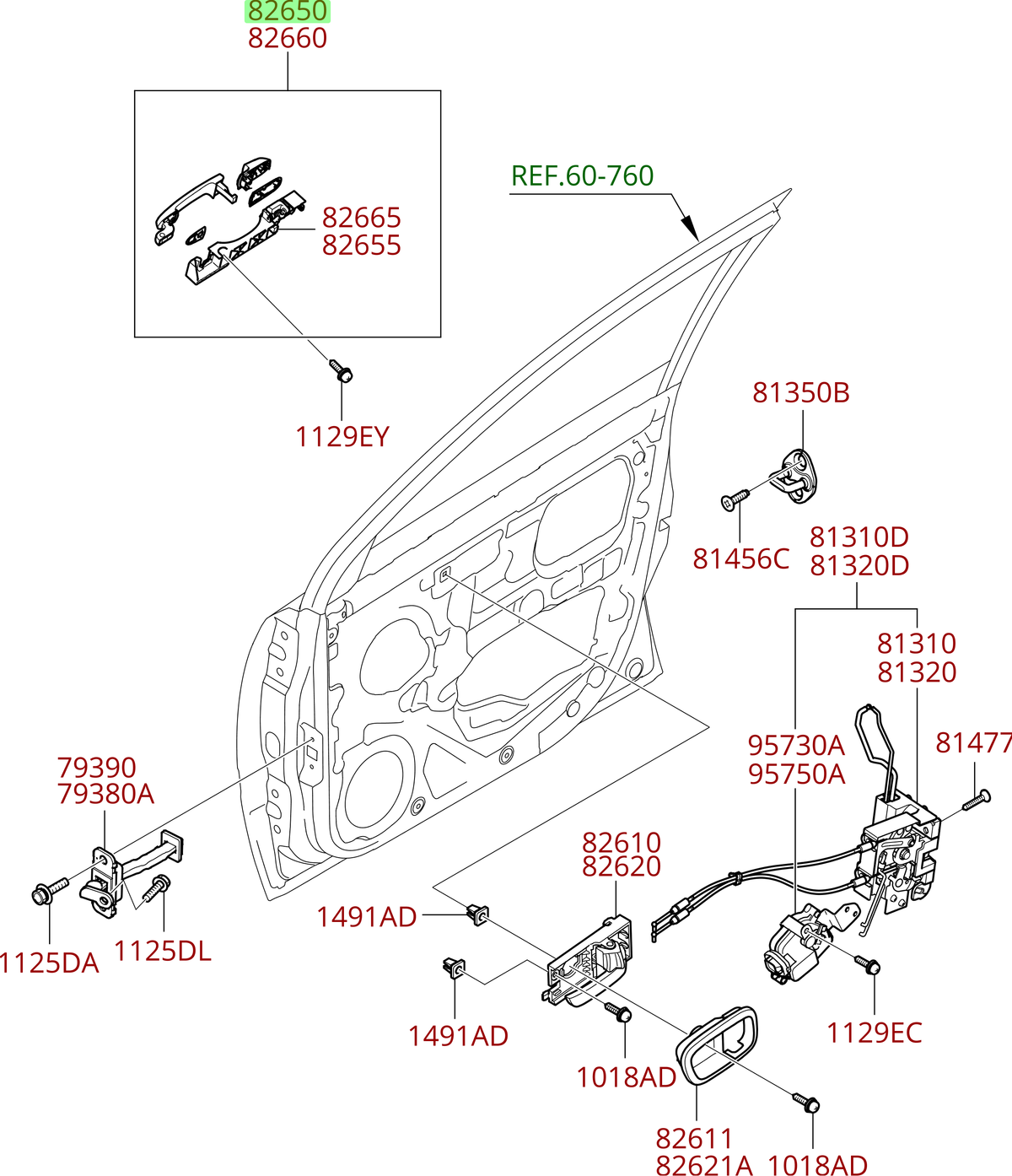 Diagrama Snap EPC manilla exterior delantera izquierda 82650-1E000, callout 82650 seleccionado