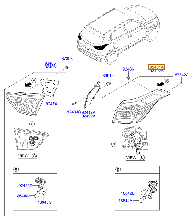 Esquema Microcat Hyundai: OEM 92401-A0000, pieza 92401A seleccionada