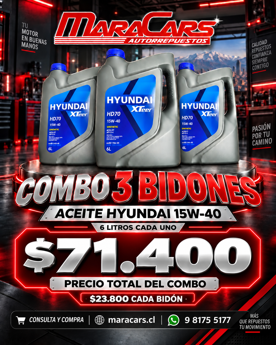Combo de 3 bidones de aceite Hyundai 15W-40 de 6 litros por $71.400
