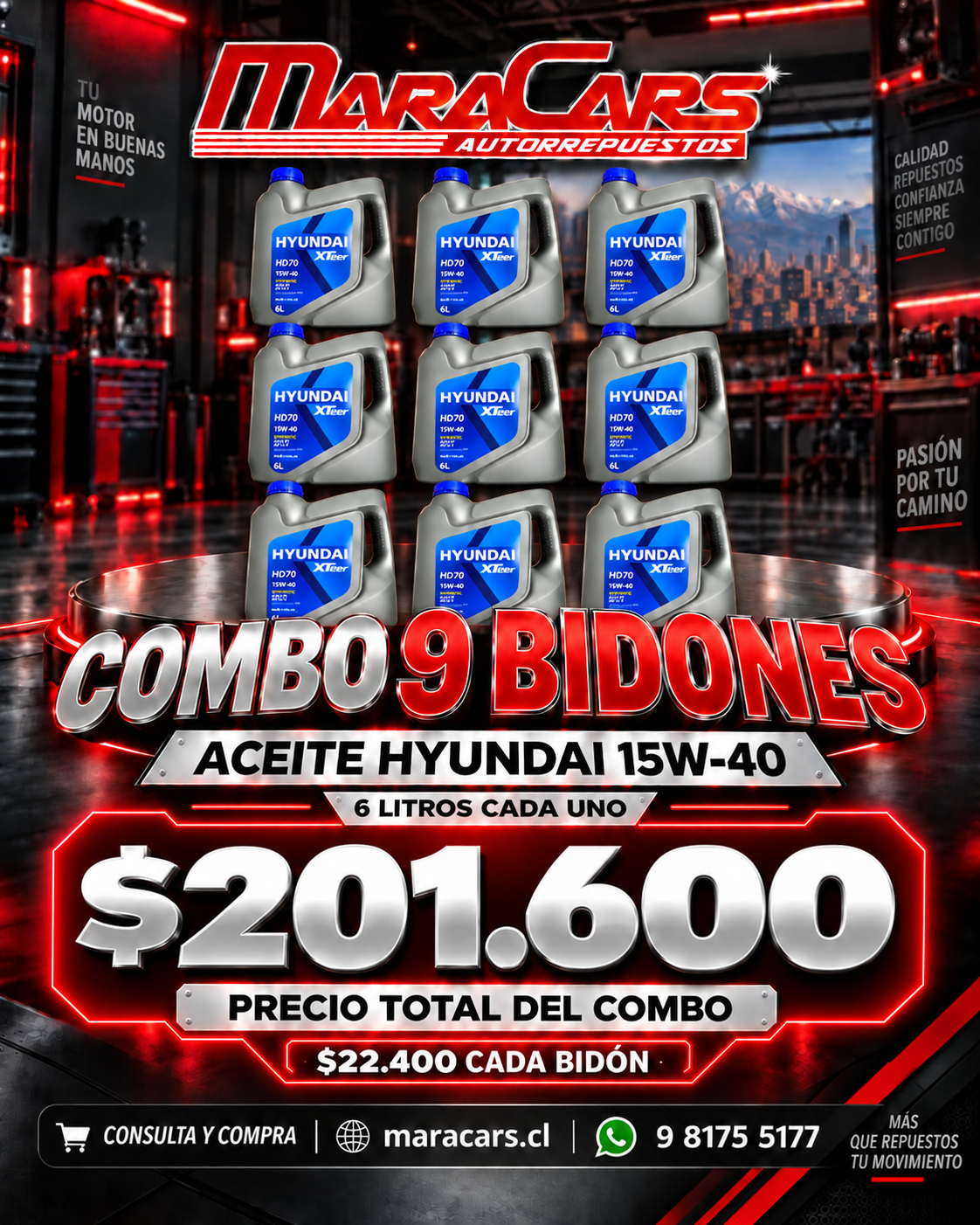 Combo de 9 bidones de aceite Hyundai 15W-40 de 6 litros por $201.600